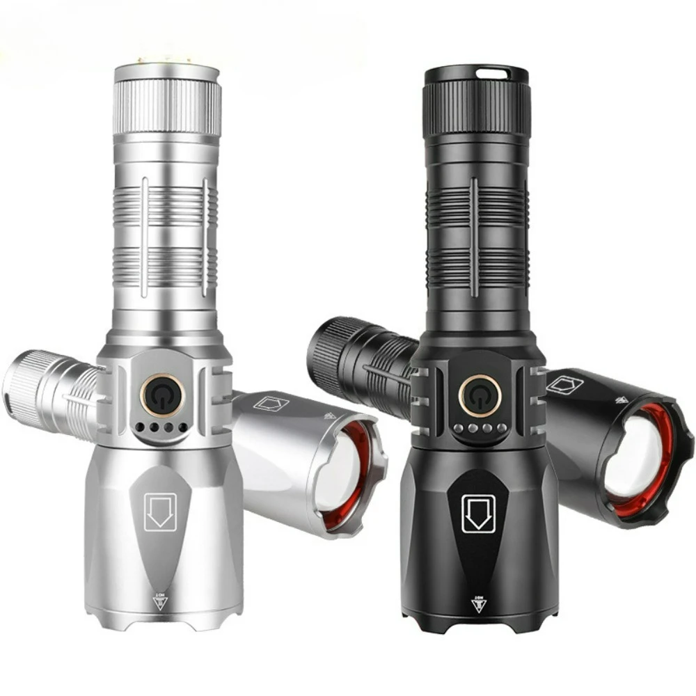 Ultra-Bright Focusing Flashlight – 30W High-Lumen Silver Torch with Type-C Rechargeable Port Long-Range Beam for Camping