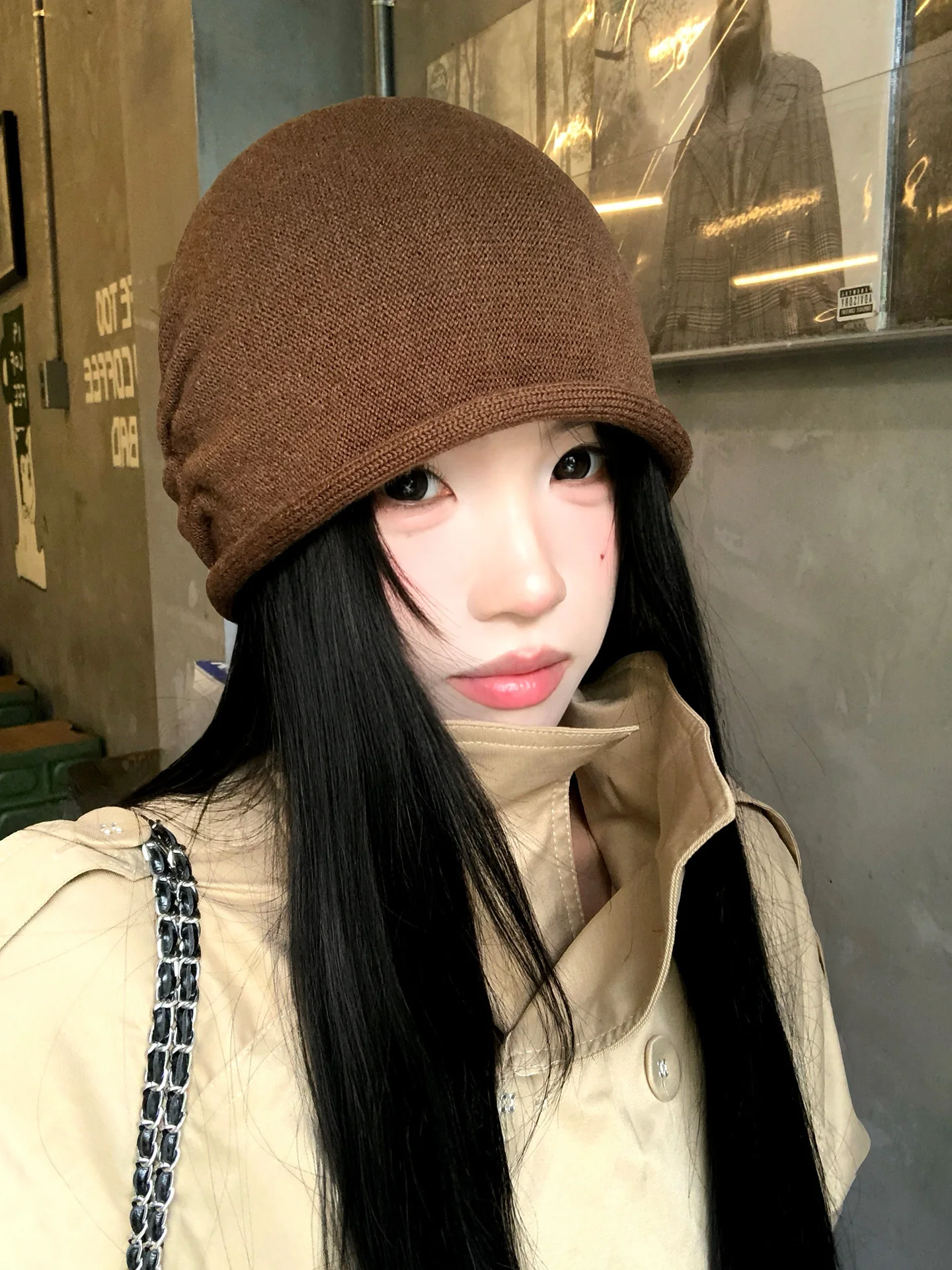 Retro Folded Cuffed Knitted Beanie Women's Large Head Cold Cap Fashionable Casual Lazy Style Overhead Hats Autumn Season