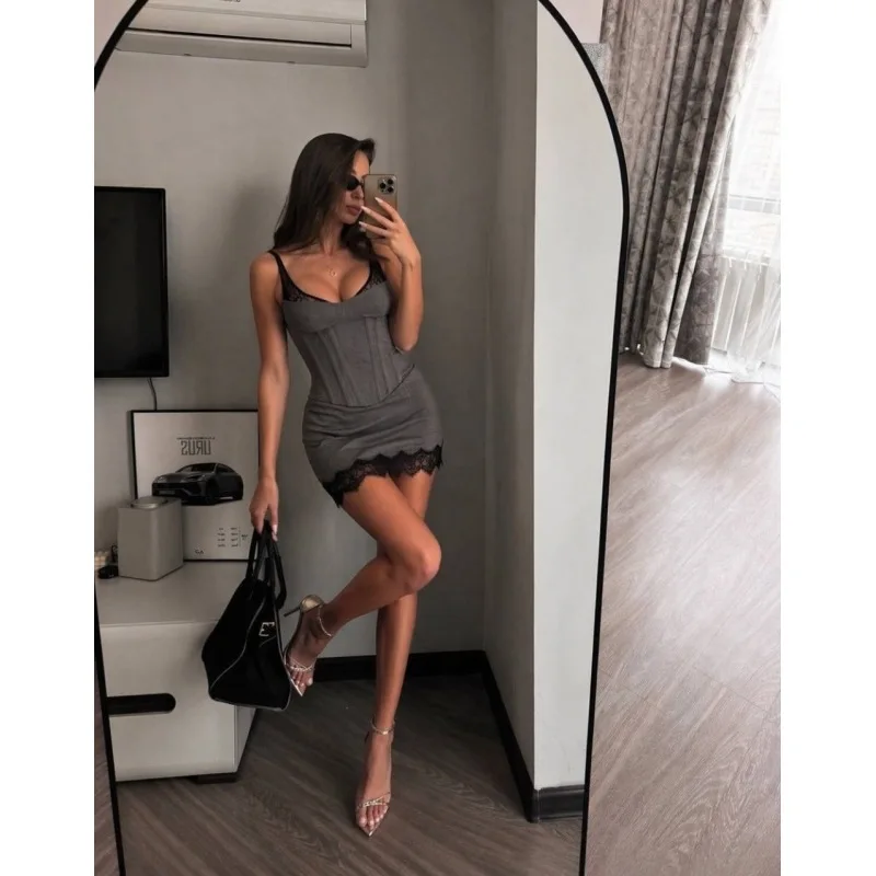 カラーブロックレースのタイトなコルセットミニドレス(女性用)、スリムなショルダーストラップのノースリーブスリムフィットショートスカート、エレガントなイブニングセット 1