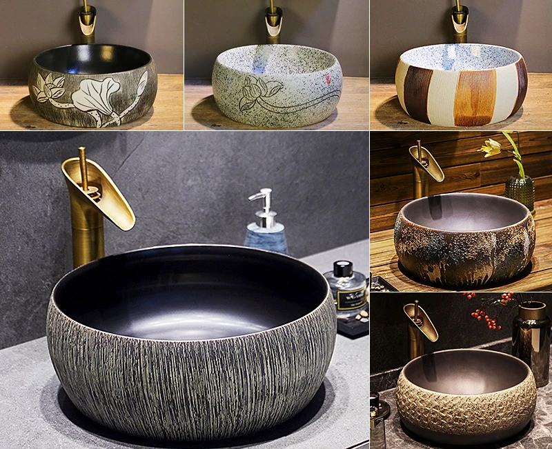 

Table Basin European-Style round Retro Bathroom Ceramic Hand Washing Bathroom Face Washing Washbasin