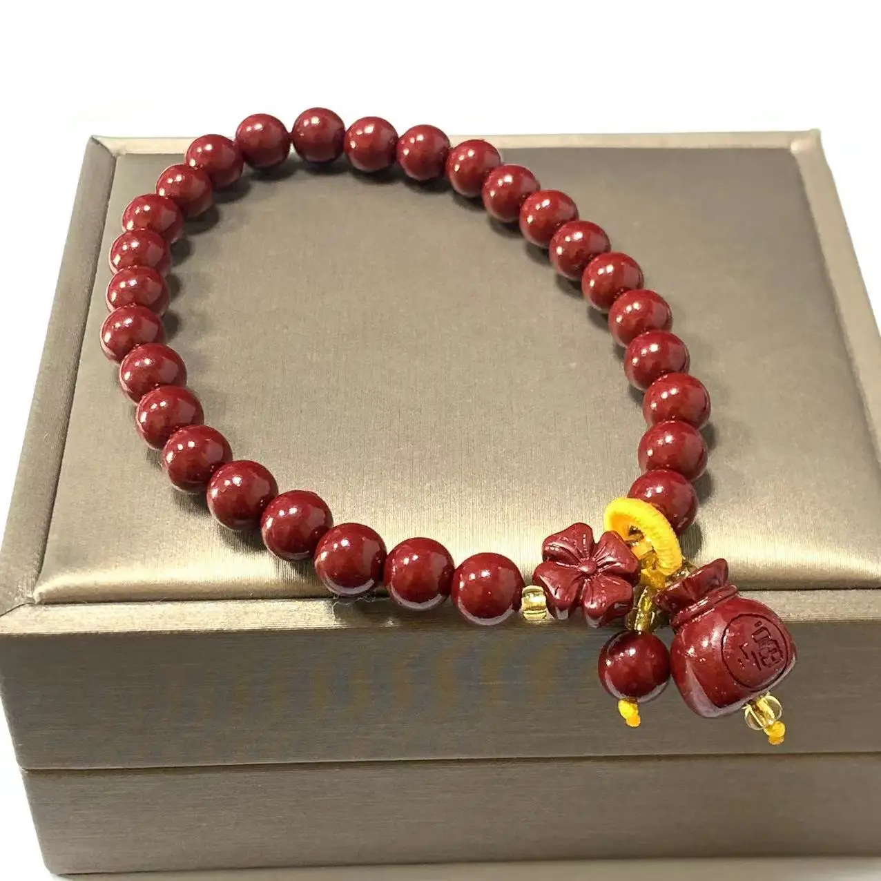 Cinnabar God of Wealth Lucky Bag Lion Dance Bracelet DIY Round Bead Bracelet Enlightenment Safe Lock Cinnabar Bracelet