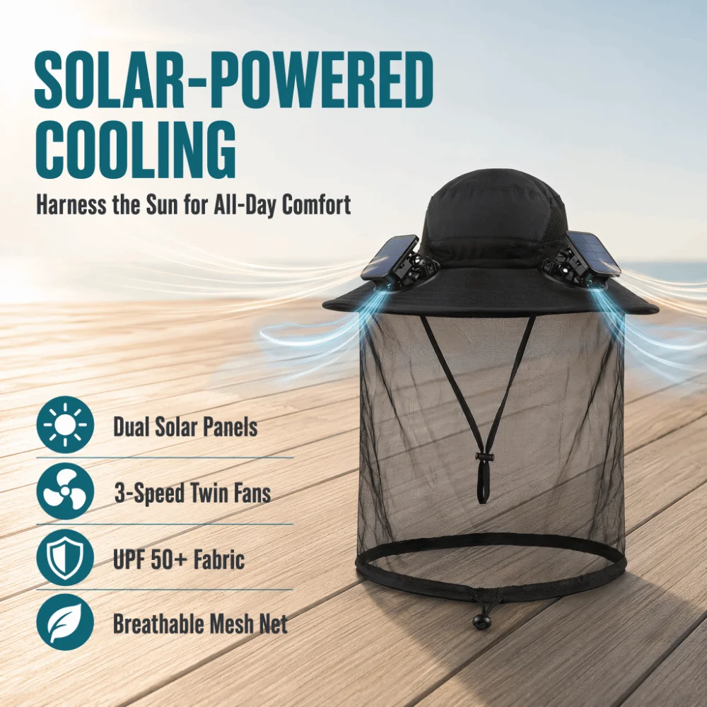 New Solar Powered Solar Fan Hat Dual Fans Wide Brim Cooling Fan Hat Cooling Fans Detachable Mesh Anti-UV Sun Hat Beach