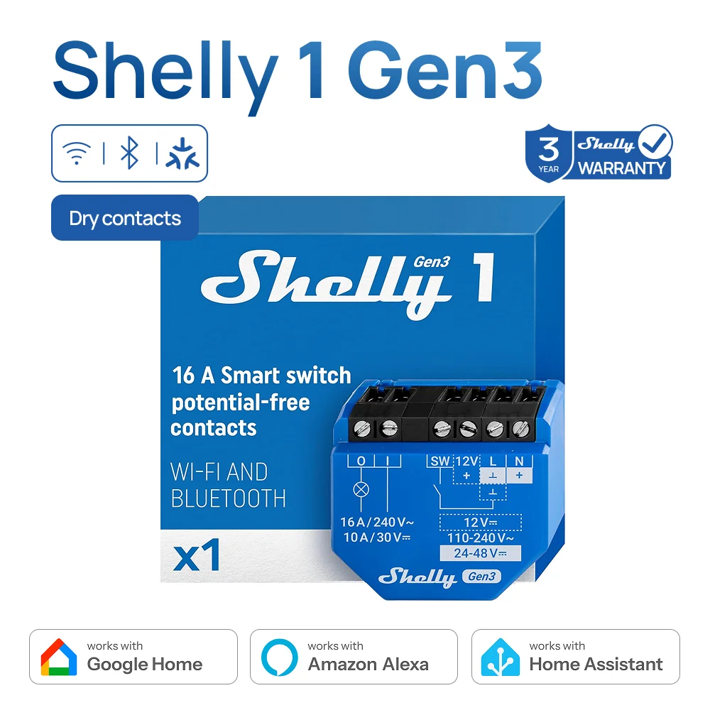 Shelly 1 Gen3 Dry Contact Smart Switch WiFi Bluetooth Operated Relay  Low Voltage Support Over Temperature Protection Control