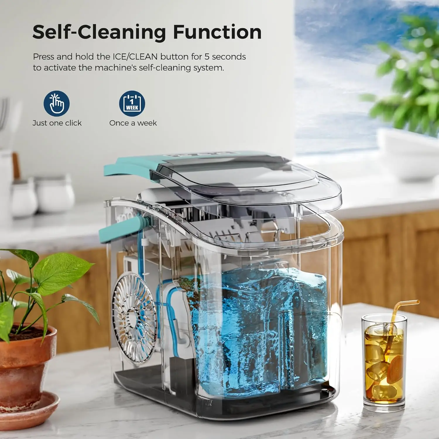 Ice Makers Countertop with Handle,26.5Lbs/24H,9 Cubes in 6 Mins,2 Sizes of Bullet Ice,Perfect for Home Kitchen(Green)