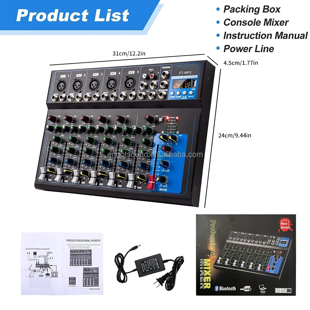F7 بلوتوث المحمولة 7 قناة جهاز مزج الصوت USB DJ الصوت خلط وحدة التحكم MP3 جاك 48 فولت الطاقة لتسجيل الكمبيوتر