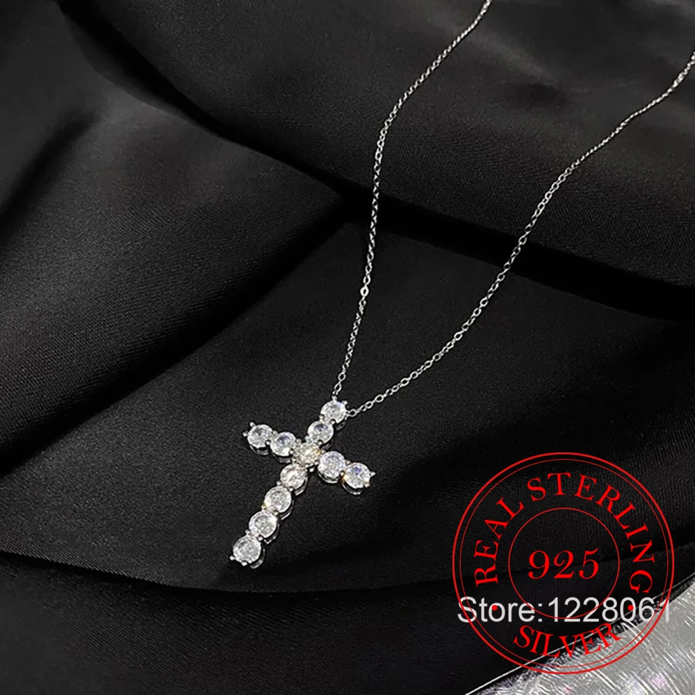 

Настоящее серебро 925, циркон, кристалл, кулон в виде креста, ожерелье для женщин, цепочка на ключицу, день рождения, свадьба, ювелирное изделие, подарок