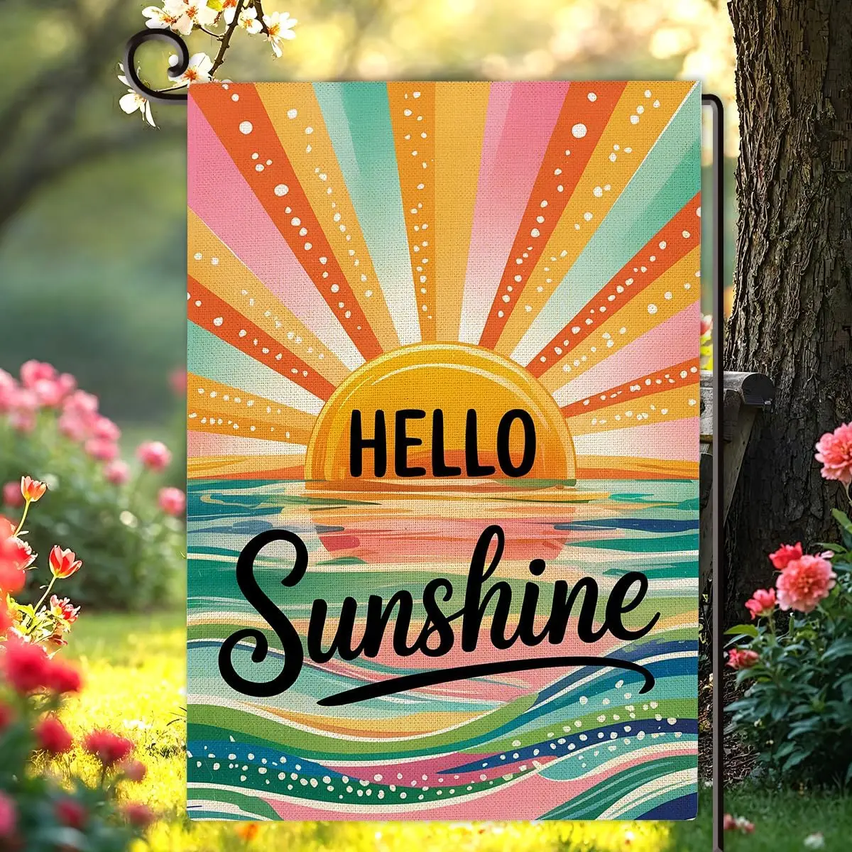 Hello Sunshine Summer Garden Flag Double Sided Sunburst over Sea Summer Burlap House Flag Outdoor Seasonal Decorations for Y yyi