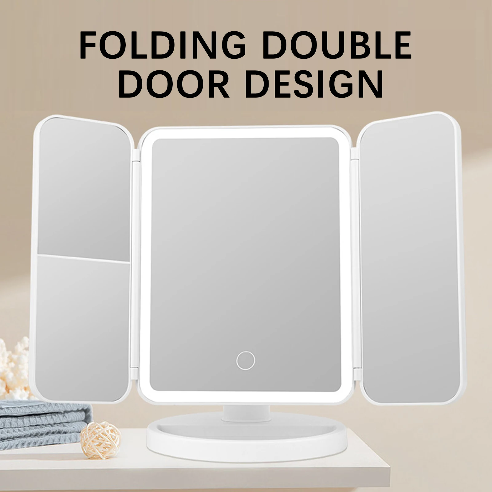 인기 데스크탑 LED 메이크업 거울 필 라이트 확대경 3면 접이식 쉘 거울 회전 보관 공주 드레싱 거울