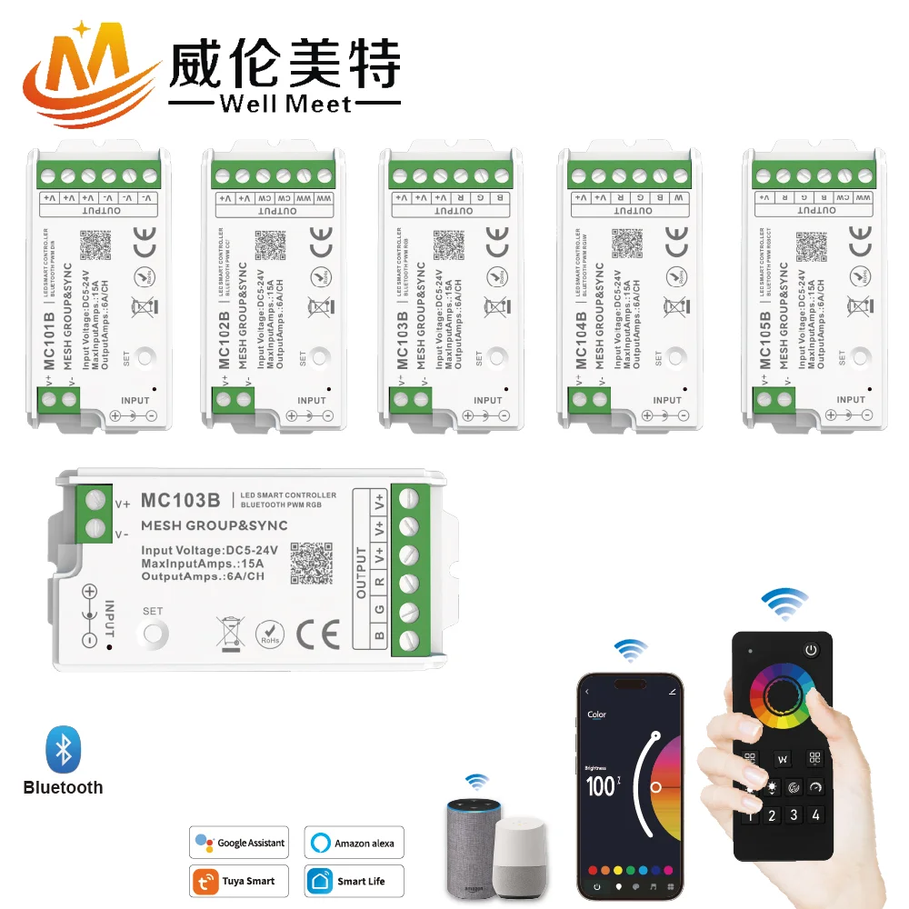 DC5-24V MESH Bluetooth Smart LED Controller MC101B MC102B MC103B MC104B MC105B RGB Strip Dimmer RF Remote Tuya Tape Light Dimmer