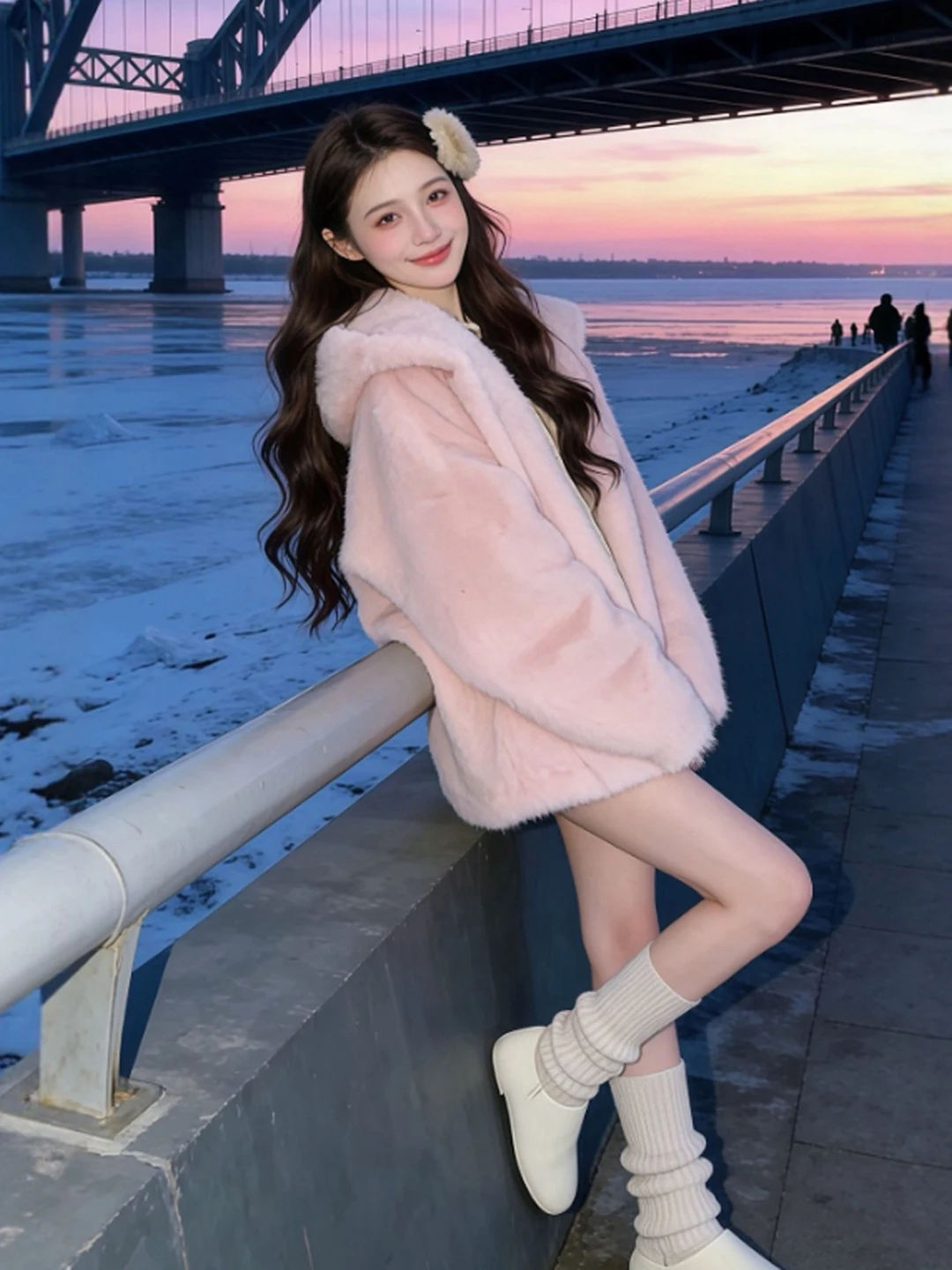 

Sli Unique Loose Fur Coat with Hood Beautiful Youthful Faionable Winter Outerwear for Young Women Fur Collar