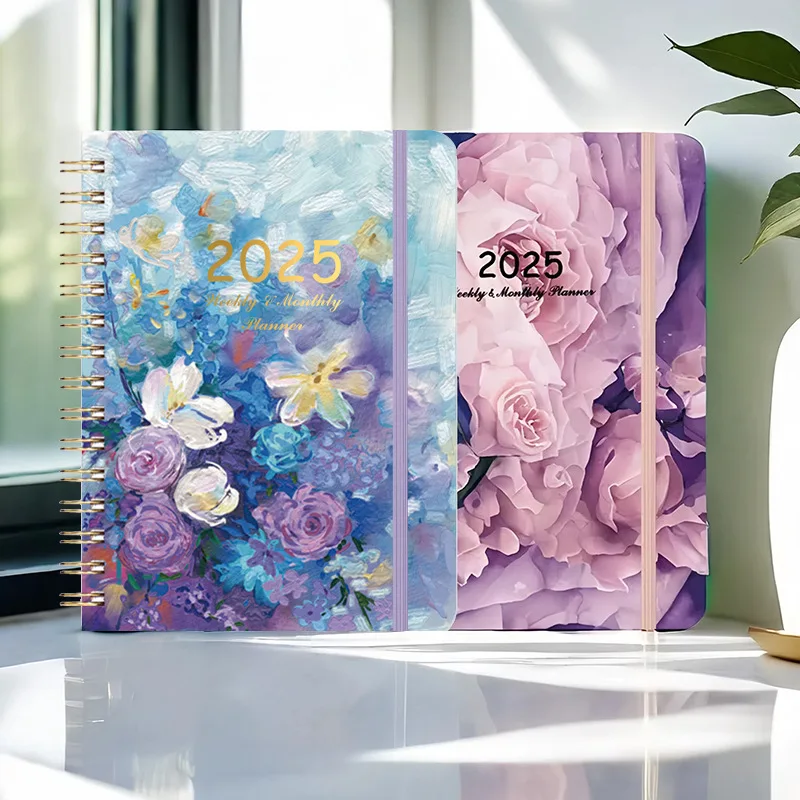 2025 Floral Leaves Pattern English Plan Book Cardboard Cover Calendar 52-week Schedule Student Class A5 Coil Notebook Planner