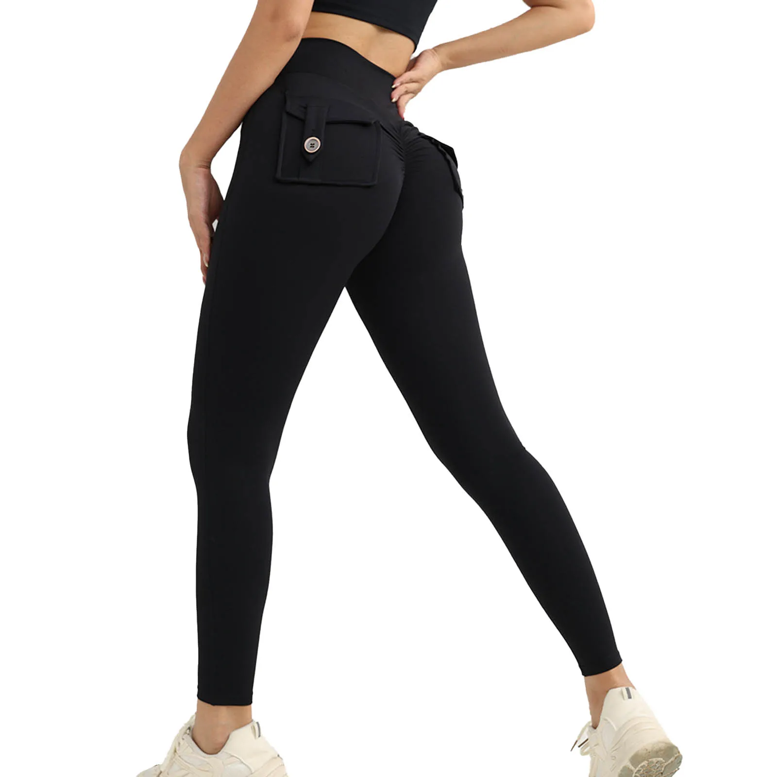 Women Sports Workout Warm-up Cargo Leggings High Waist Hip-Lifting Yoga Pants with Flap Pockets for Pilates Gym Fitness Exercise