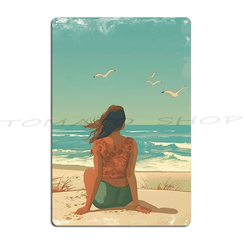 Woman On The Beach Sunset  Rising Out Of The Golden Sea Metal Signs Wall Cave Wall Decor Mural Party Customize  Tin Sign Poster
