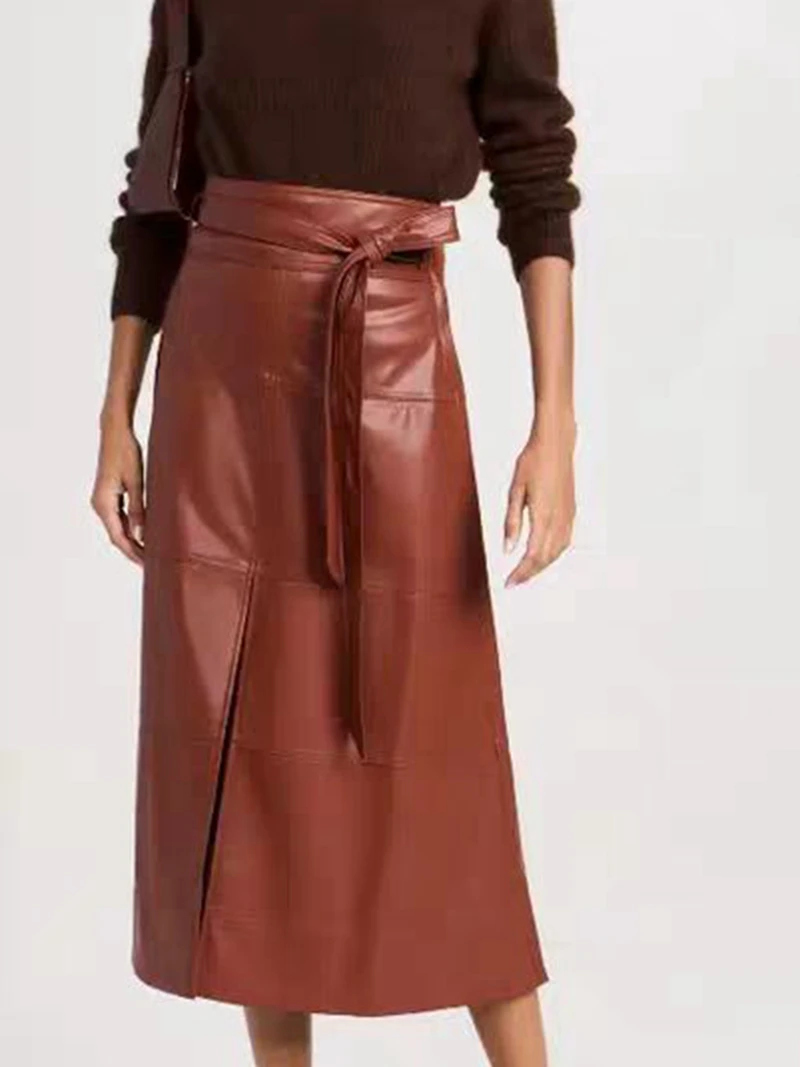 

Half skirt women's autumn fashion trend wine red women's imitation leather high-end belt decoration front slit long half skirt