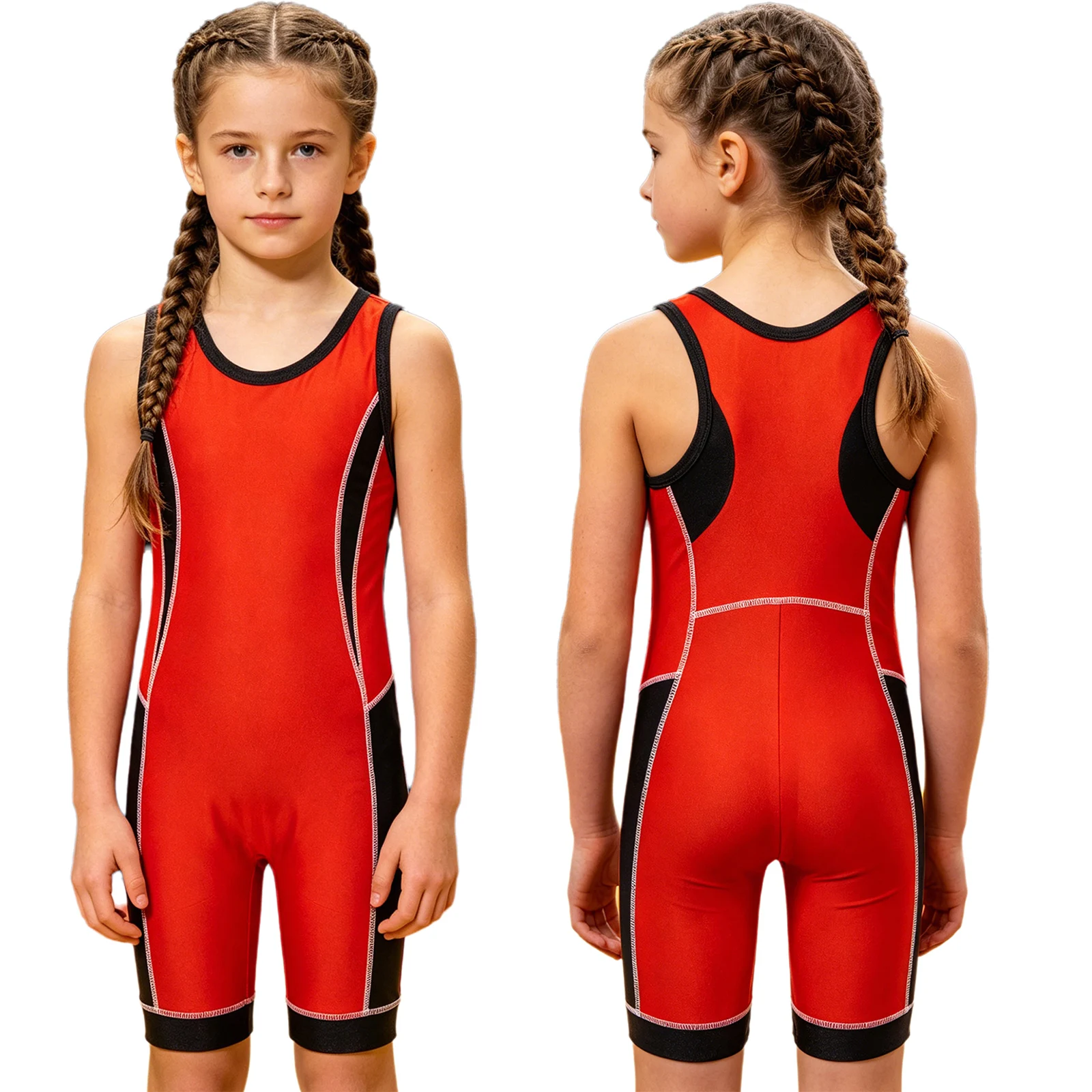 Kinder-Ringertrikot für Jungen und Mädchen, farbblockiert, schnelltrocknend, ärmellos, Oberschenkel-lange Bodysuit für Sport, Training, Übungen und Radfahren – Detail 29