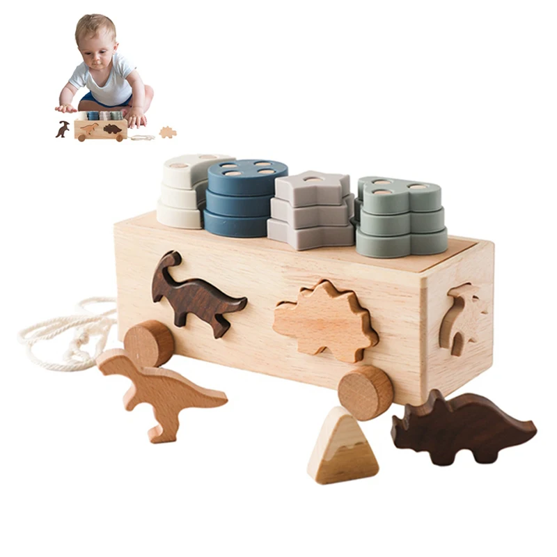 

Wooden Montessori Toys Shape Sorter Silicone Pull Along Car Dinosaur Sorter Matching Blocks Box Kid Intellece Educational Toys