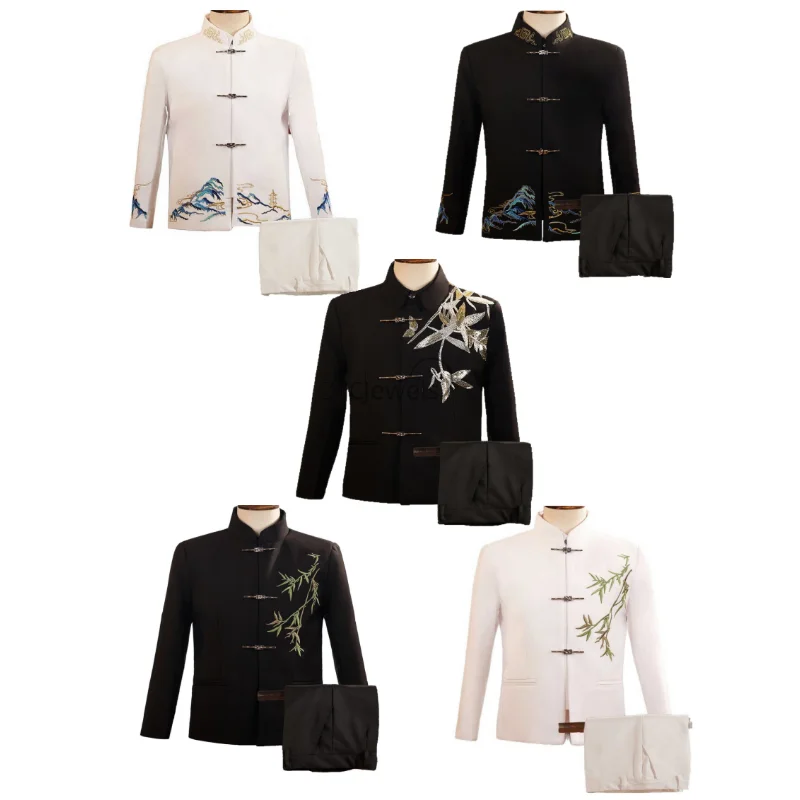 

Новый костюм в китайском стиле для мальчика 2026 года: вышитый комплект с воротником-стойкой для выступлений и вечеринок