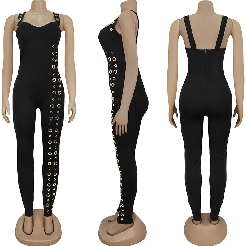Doyerl Metal Ring Hollow Out Bandage Jumpsuits for Woman Romper Night Club Outfits Strap V-neck Skinny One Piece Overalls Monos