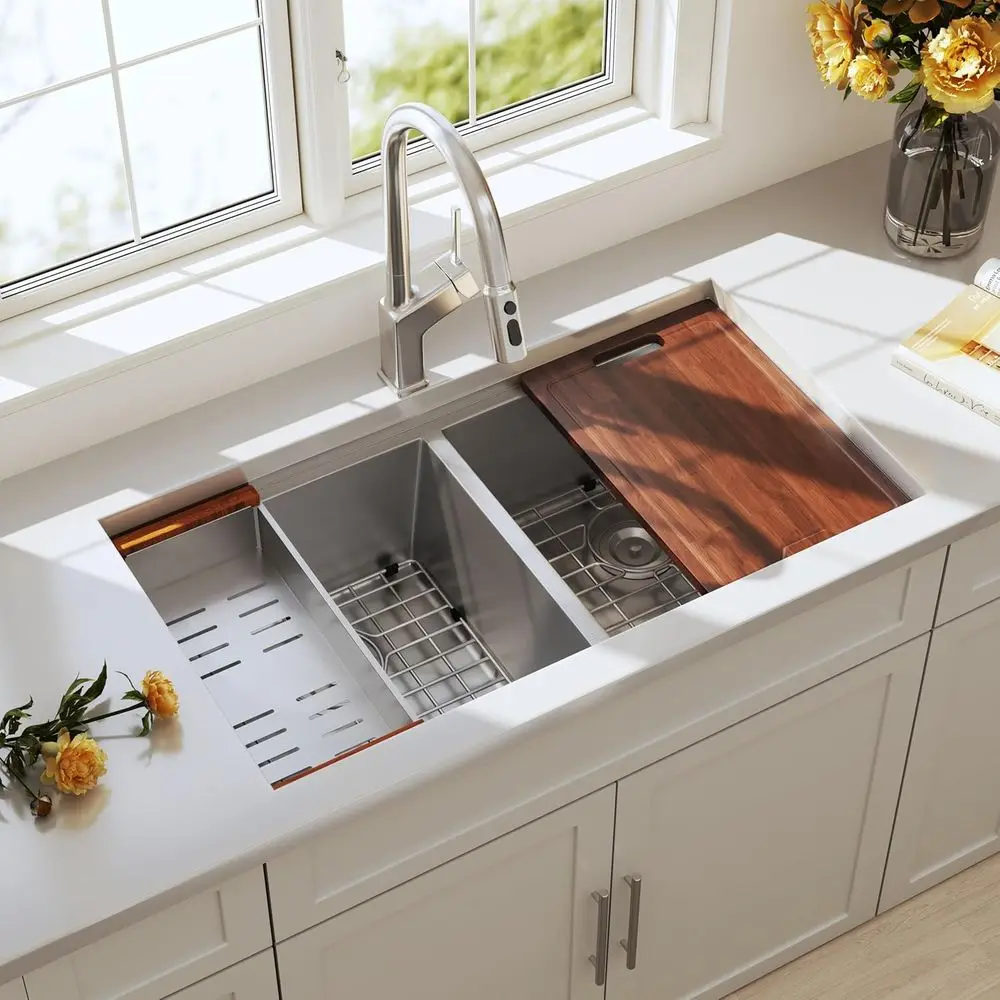 32 Inch Undermount Workstation Double Bowl Handmade Kitchen Sink | 304 Stainless Steel, 16 Gauge Thick, Ledge or Placing Accesso