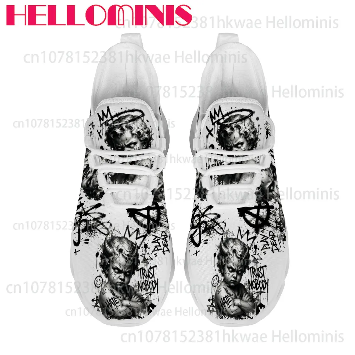 Low Top Non-slip Breathable Shoes Black White Vintage Angel Graffiti Pattern Lightweight  Wear-resistant Unisex Chunky Sneakers