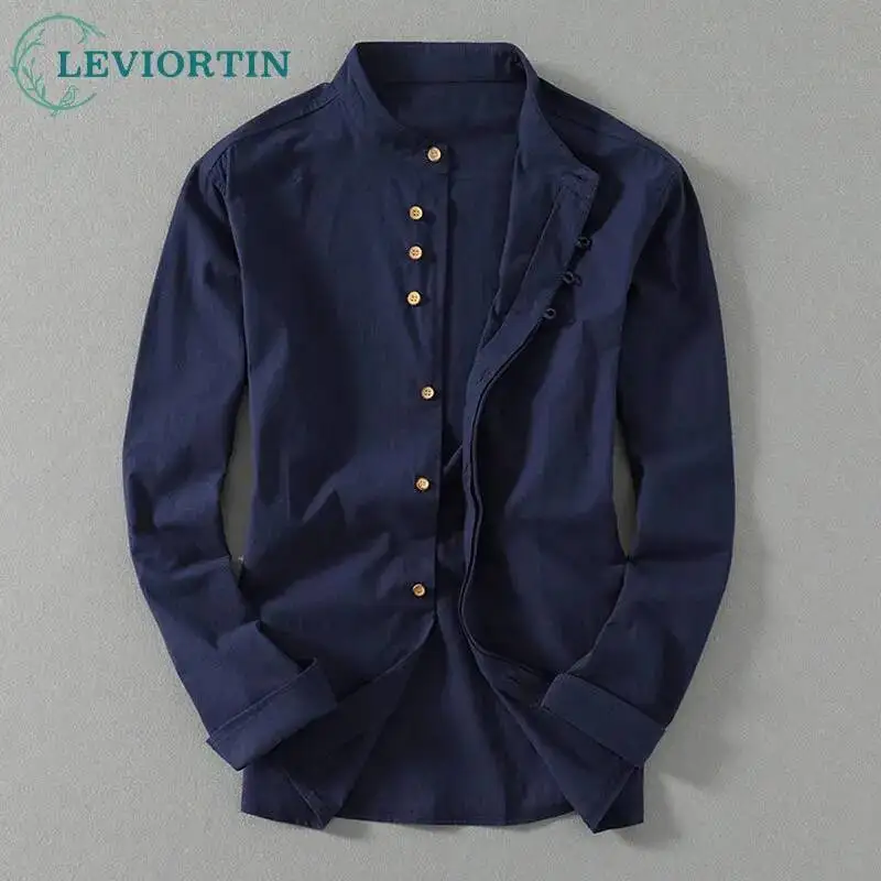 

Men's Cotton Linen Long Sleeve Shirt Autumn Harajuku Vintage Simple Sold Color Loose Mandarin Collar Blouse Tops Male Shirts