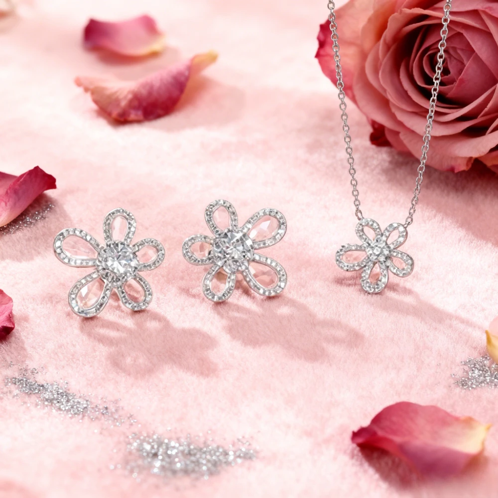 

LinkerLove Moissanite Flower Pendant Necklace Diamond Stud Earrings for Women Party Fine Fashion Jewelry