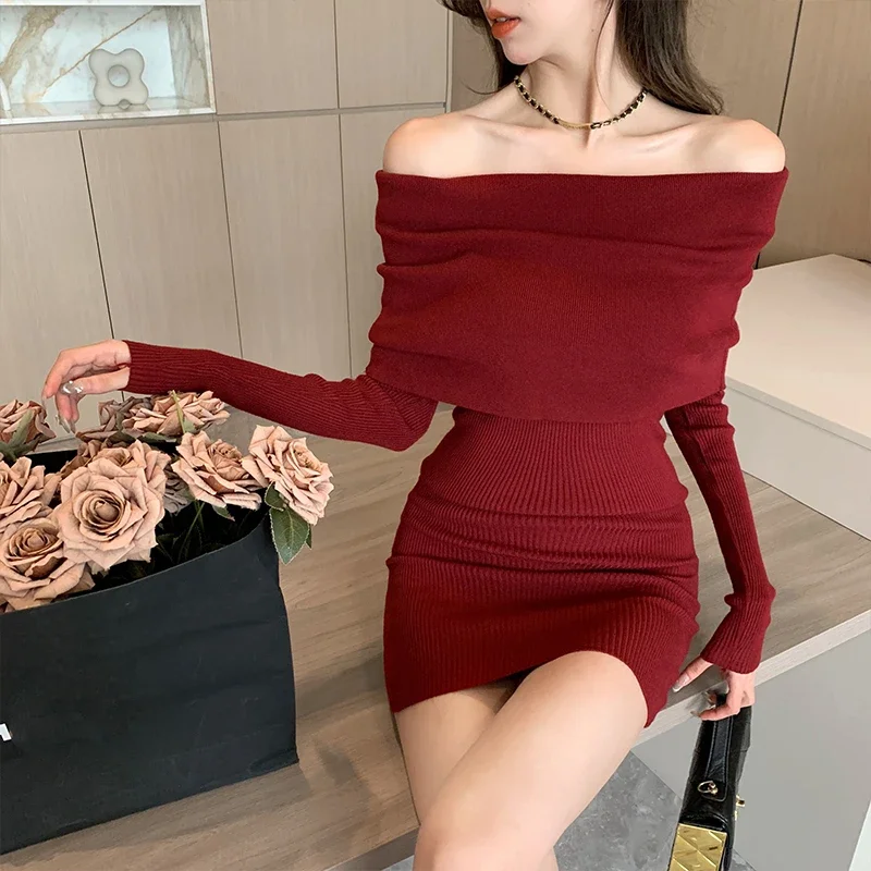 

Long Sleeve Ruched Bodycon Dress Women Slash Neck Sexy Mini Dresses Autumn Winter Red Black Skinny Stretchy Party Vestidos