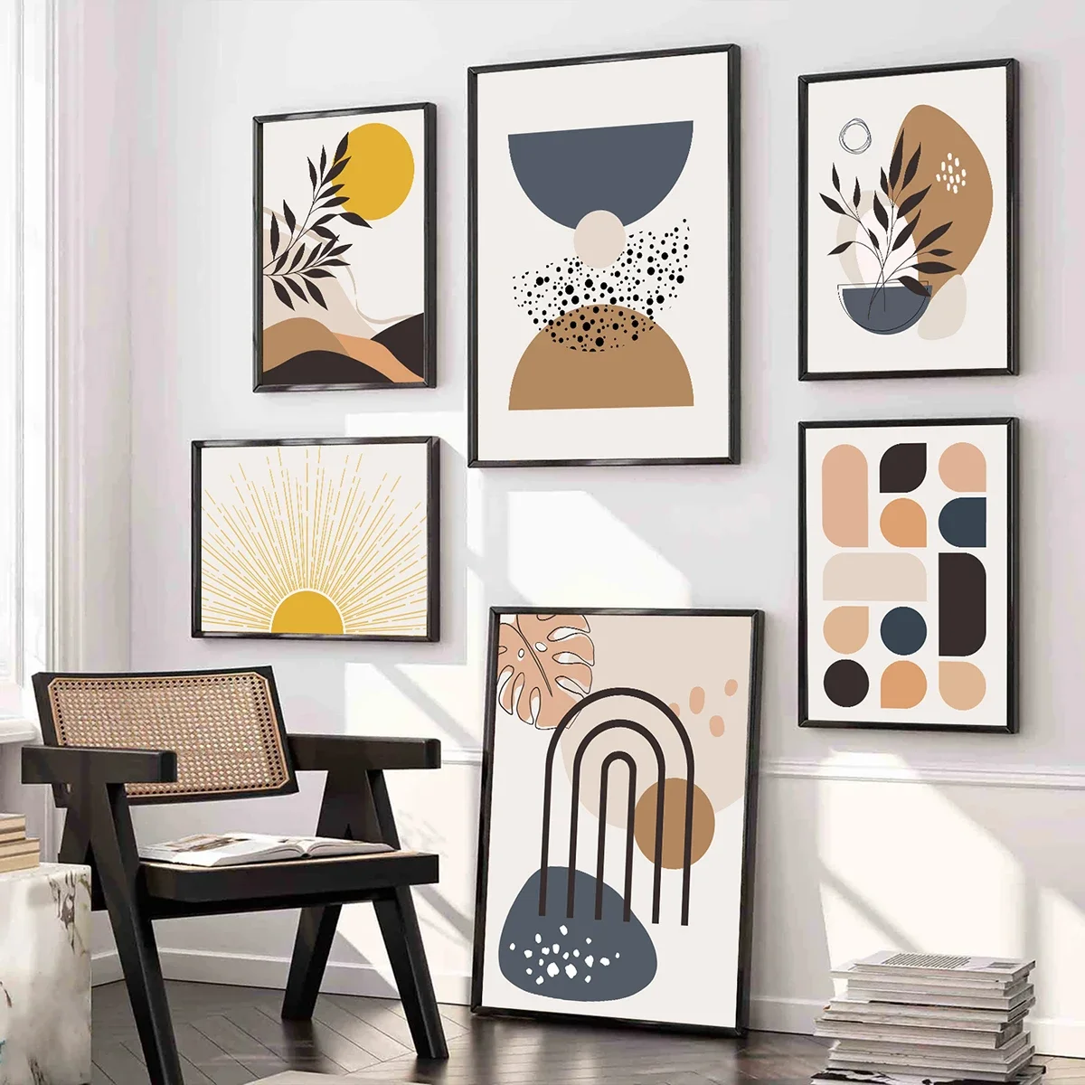 Multi-size 1PC frameless high-definition decorative paintings,Boho Abstract Geometric Line Black Beige Wall Art Posters Canvas P