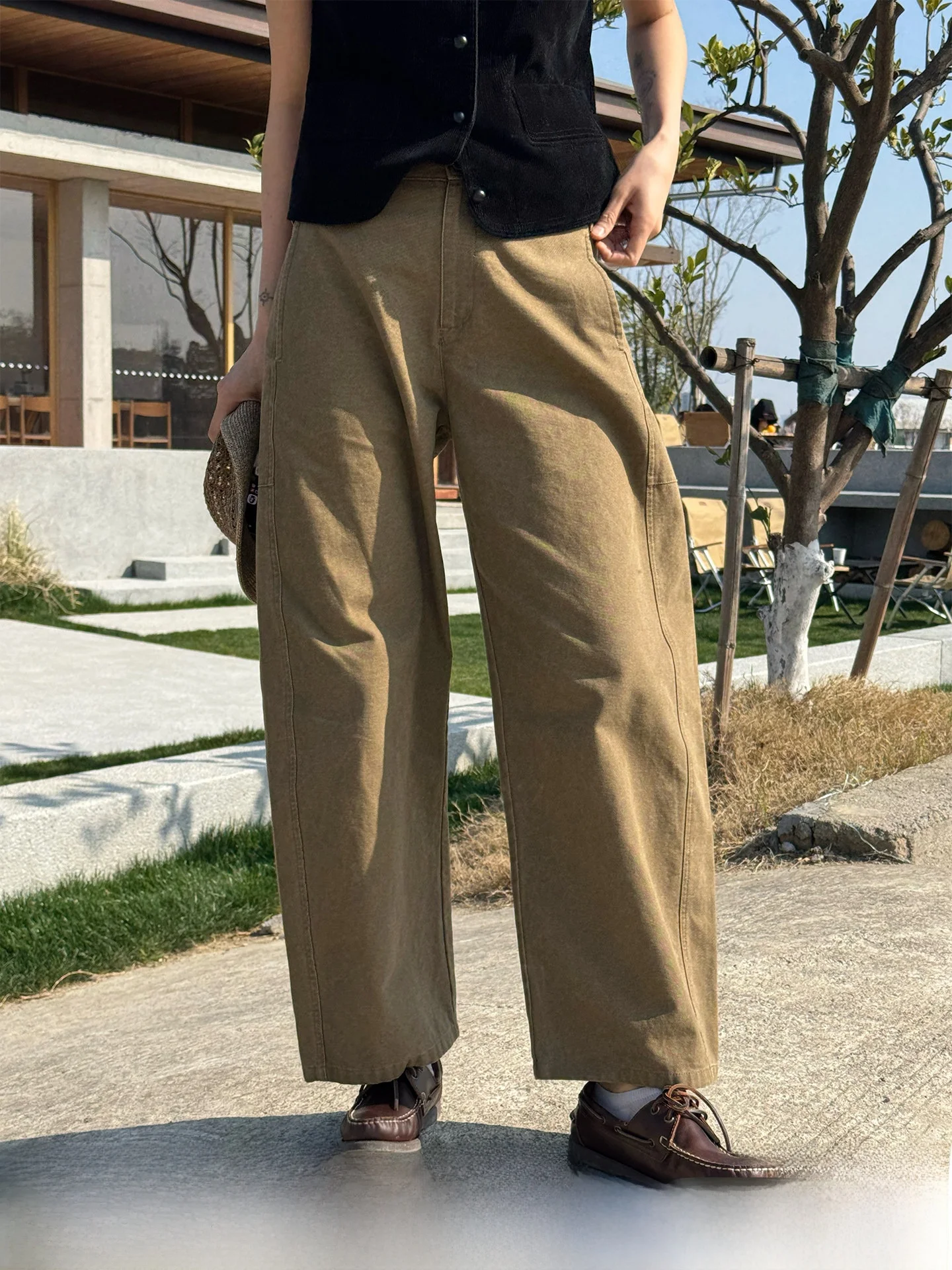 

Женские повседневные брюки цвета хаки, новинка 2026 года, весенние, из чистого хлопка, модель «Серп», узкий крой, широкие штанины, фасон «Бенд Найф», маленький размер