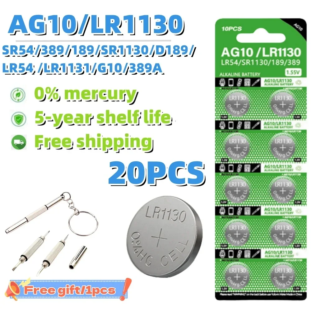 

20PCS AG10 LR1130 Button Batteries 1.55V SR54 389 189 SR1130 D189 LR54 G10A SR1130SW Cell Coin Watch Toys Remote Battery