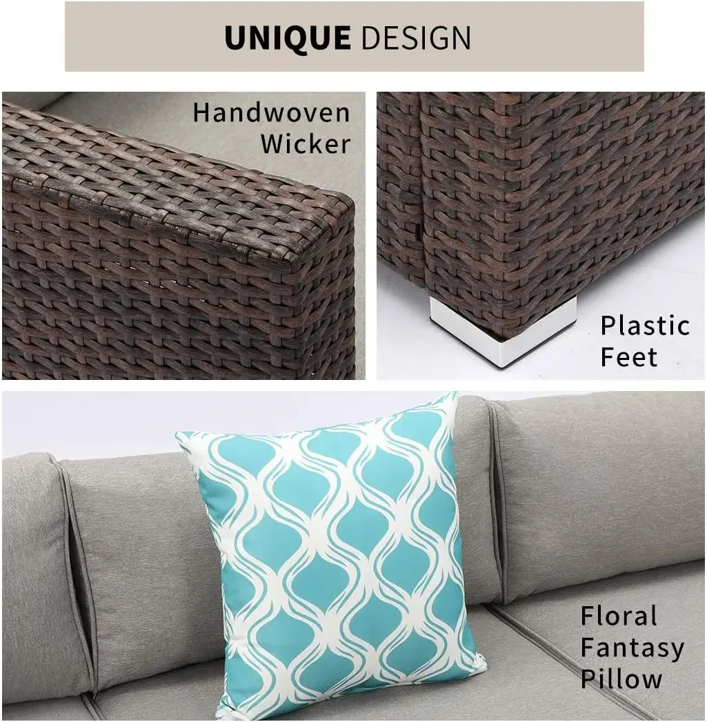 6-Piece Outdoor Patio Furniture Set, Wicker Furniture Conversation Set /Gray Cushions,Outside Garden Deck Backyard