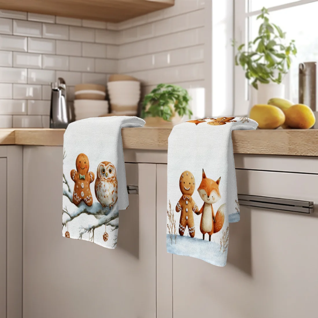 2PCS Christmas Winter Gingerbread Man Kitchen Towels Dish Towel Dish Cloths Holiday for Kitchen Christmas Decoration 40x60cm