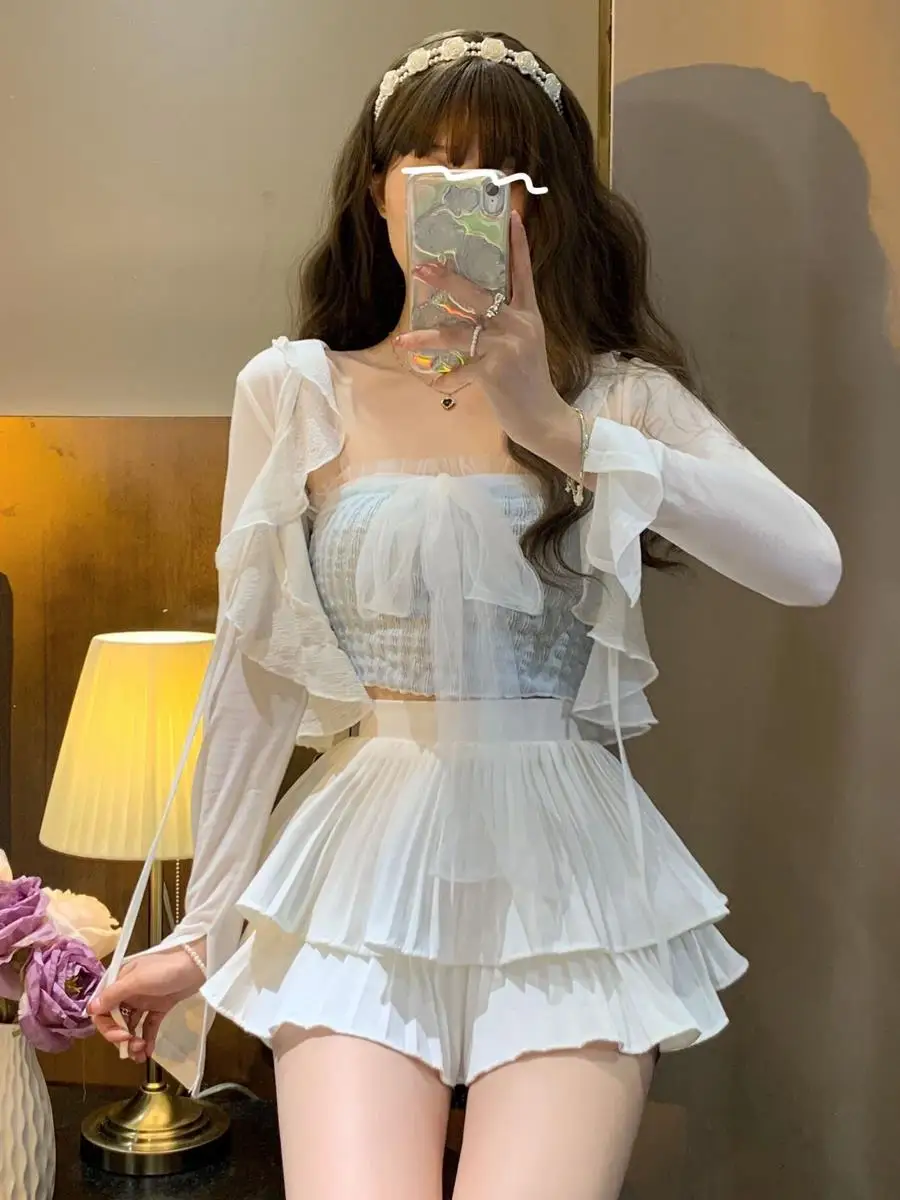 White A-Line  Skirt Women's Spring High Waist Pleated Skirts 2023 Autumn Short Flared  Korean Style Pure Color