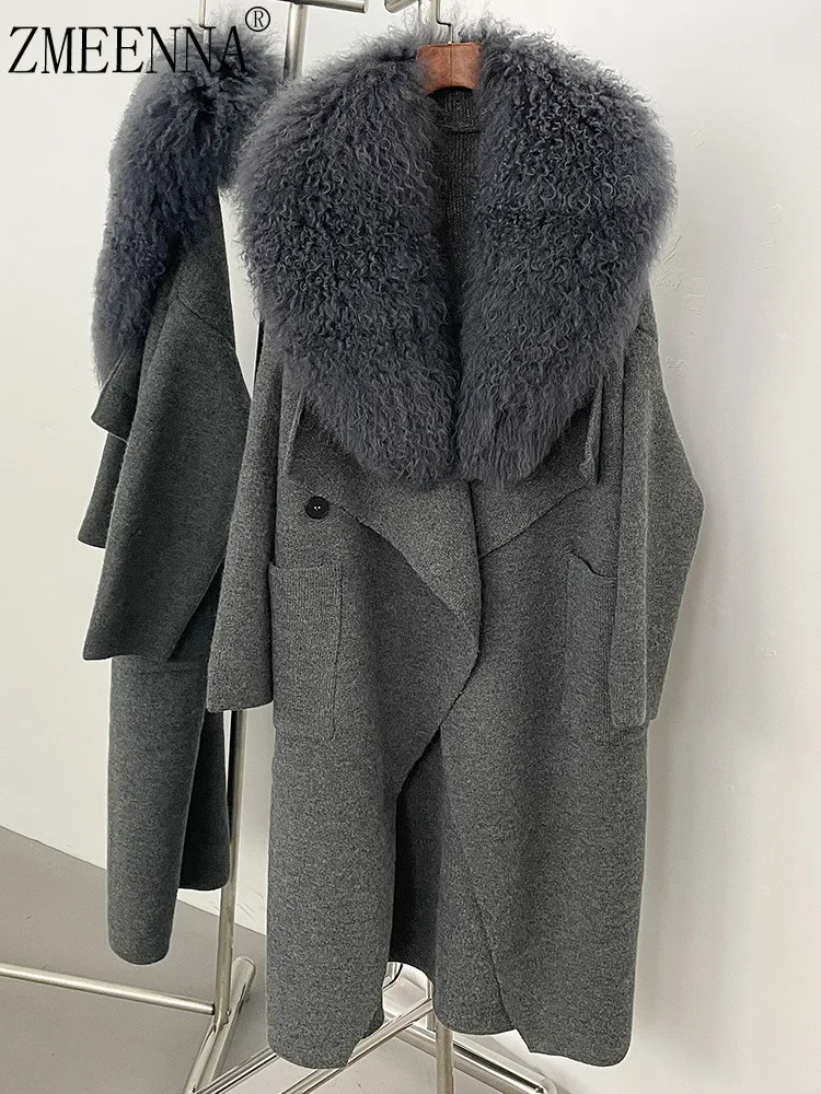 

ZMEENNA Women's Elegant Long Grey Coat With Luxurious Faux Fur Collar Stylish Winter Outerwear Jacket Warm Fashion Design ZM3415
