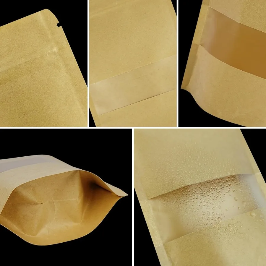 30 Pcs Kraft Paper Bags With Window 3.5 x 5.5 Ihes Sealable Treat Pouches Food Storage Stand Up Zip Lock for Scks Coffee Spices