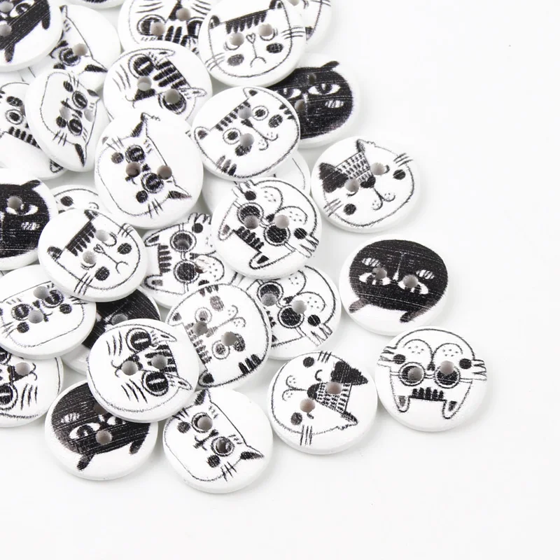 50pcs 15mm Cartoon Cat Wood Buttons Haberdashery Decorative Sewing Buttons For Clothing Needlework Material Sewing Accessories