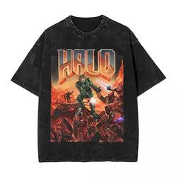 Washed T Shirts Halo Game Hip Hop Novelty T-Shirt Harajuku Streetwear 100% Cotton Summer Tops Tee Shirt for Men Women