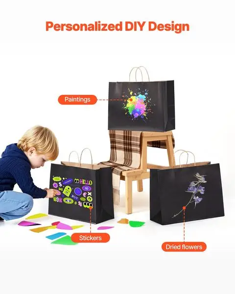 Kraft Paper Bags with Handles 50Pcs 16x6x12 in Party Shopping Retail Bag Black