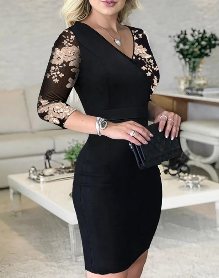 Elegant Dress for Women Autumn Fashion New Floral Pattern Contrast Sequin Bodycon Dress Sheer Mesh Patch Slim Fit Midi Dress