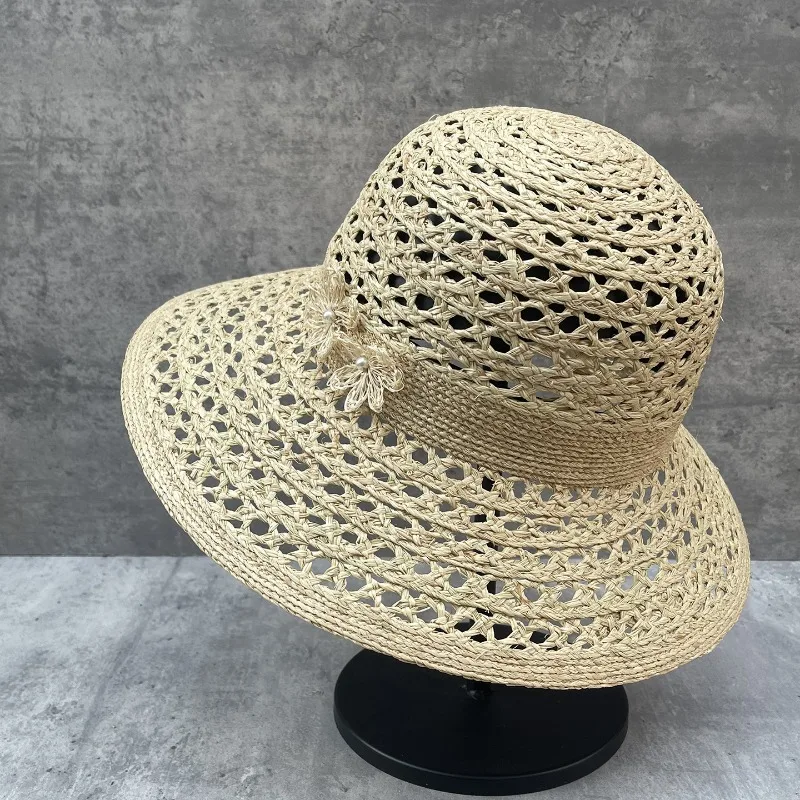 Women's Summer Elegant Floral Raffia Woven Hat Hollow Wide Brim Beach Vacation Sun Protection Cap