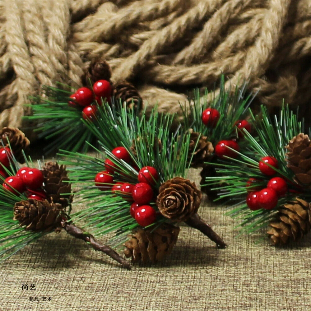 1/5pcs Artificial Christmas Pinecone Red Berry Stem Christmas Party Home Decor Simulation Pine Cone for Christmas Tree Pendant