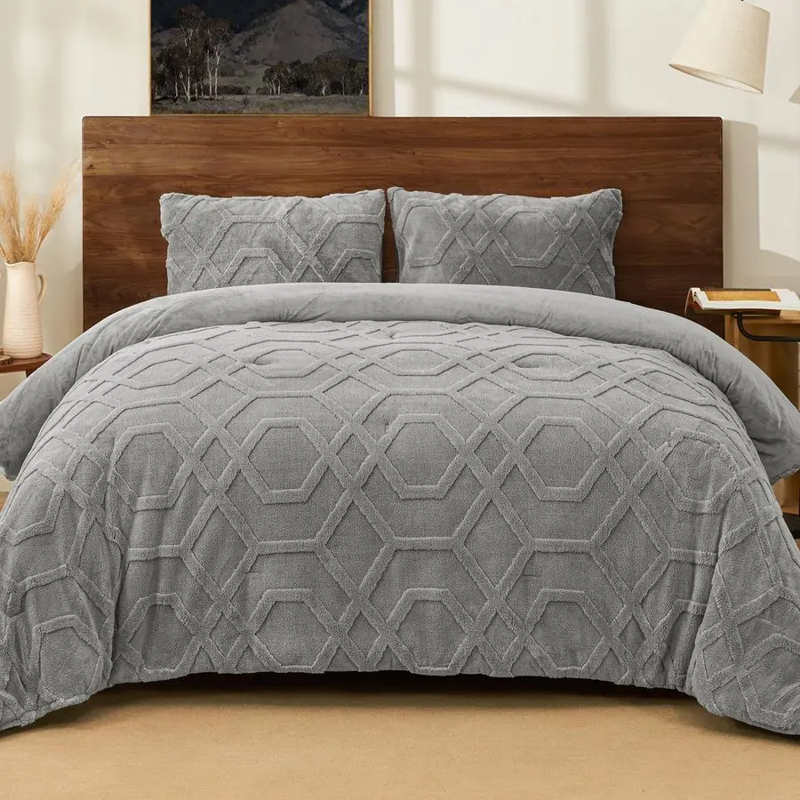 

Warm Sherpa Fleece King Comforter Set, 3D Tufted Fluffy Grey Bedding for Winter, Soft 2 Pieces Shaggy Bed Set, 1 Comforter 104x9