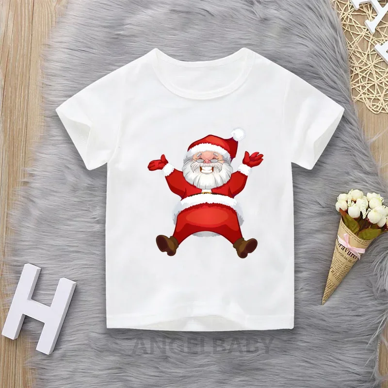 Merry Christmas Santa Cartoon Print Children T-shirts Girls/Boys Funny Baby Clothes Kawaii Kids Short Sleeve Tshirt Gift Present