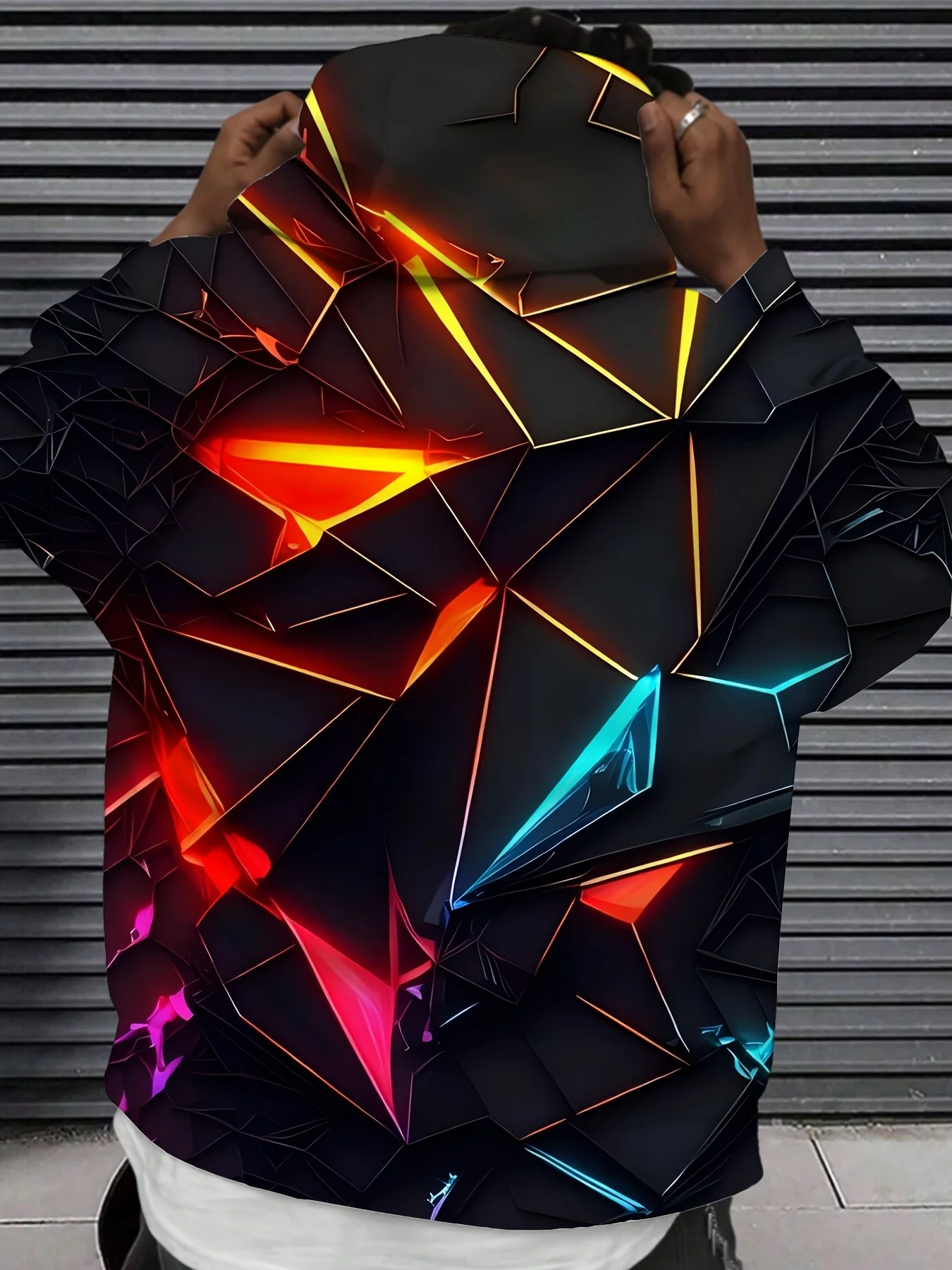 3D Full Print Tech Hoodie Men Black Neon Light Triangle Polygon Geometric Drawstring Loose Casual Hooded Sweat Top