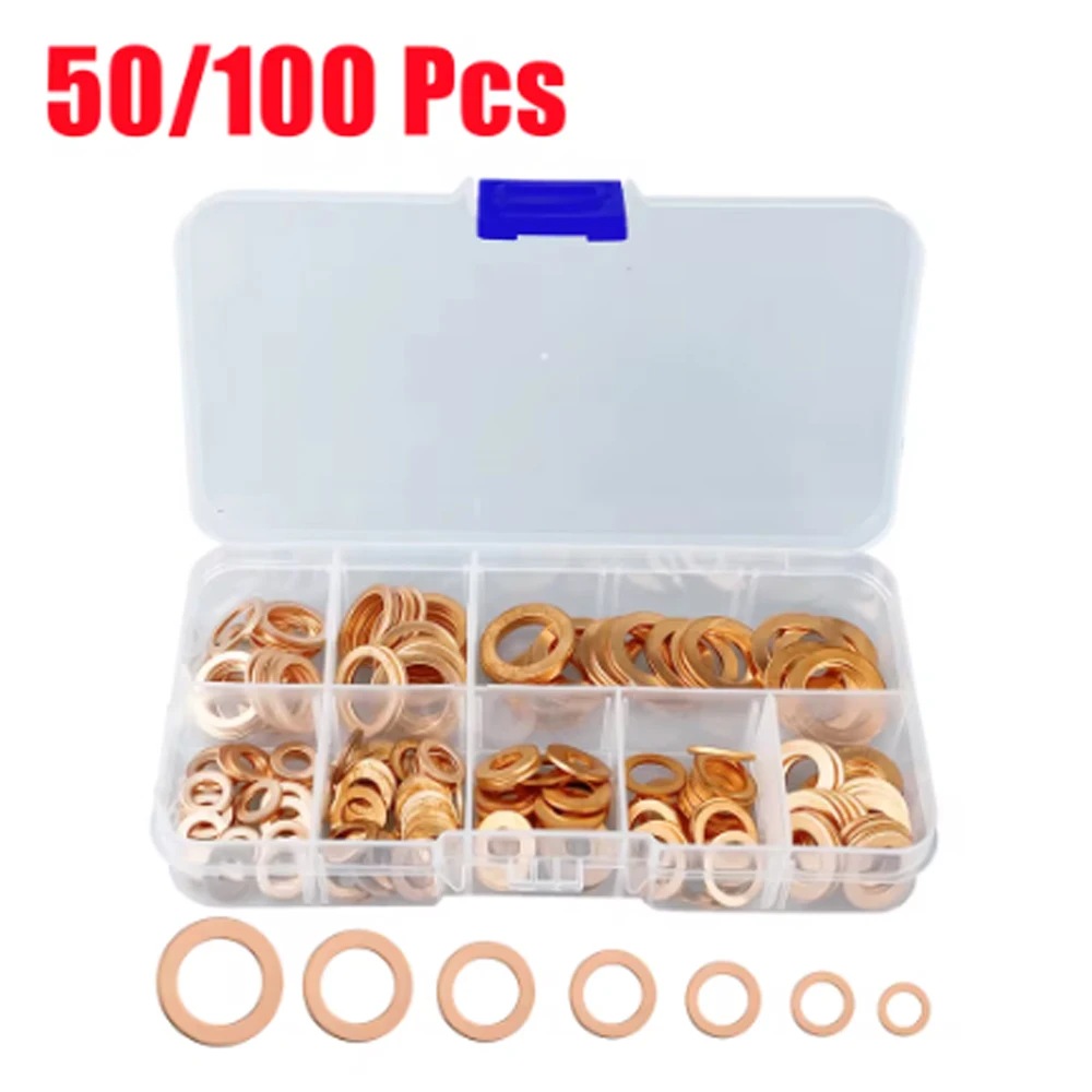 50/100/120 Pcs Copper Washer Sealing Gasket Flat Ring Seal Assortment Kit M4 M5 M6 M8 M10 M12 M14 For Sump Plugs