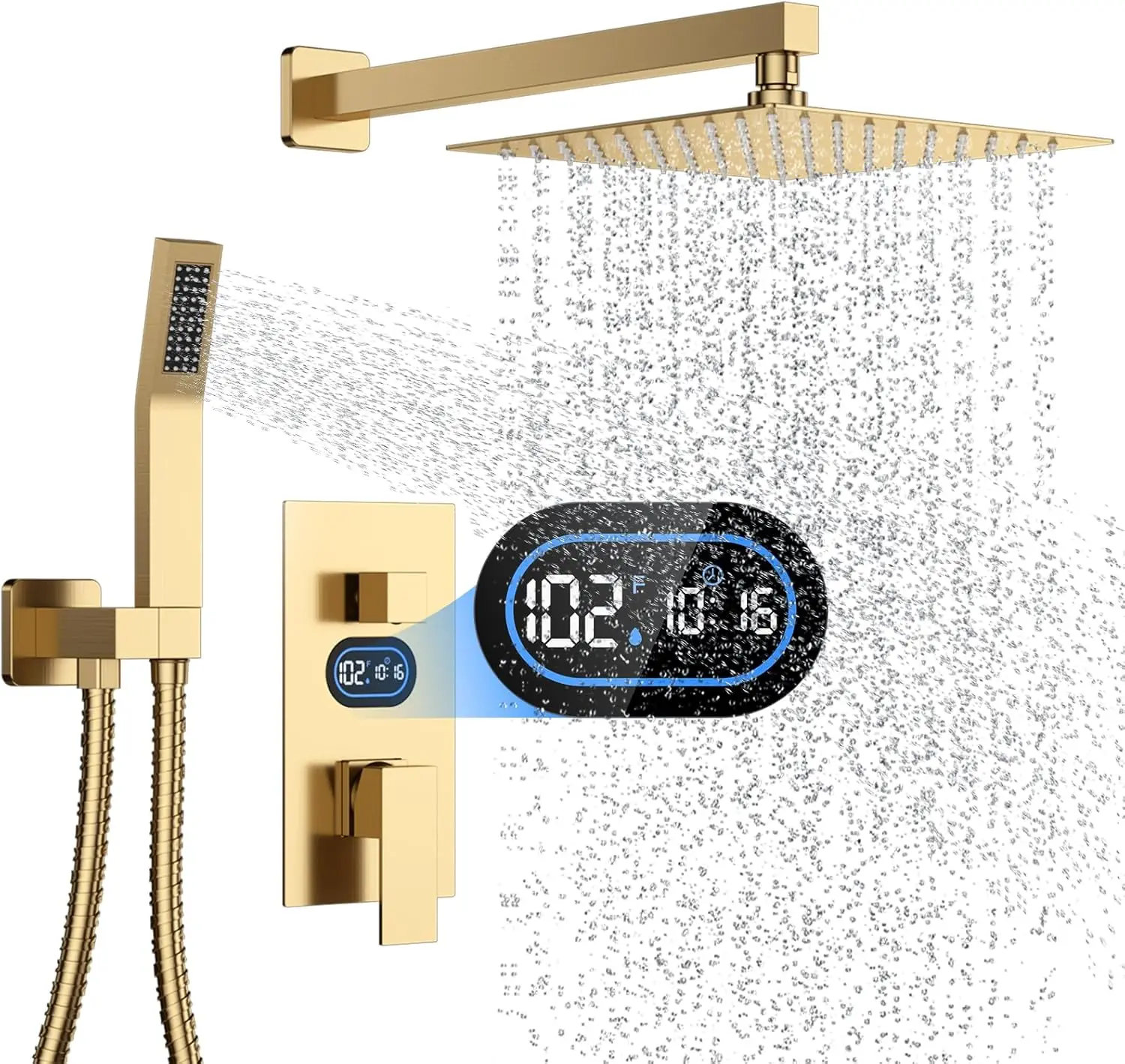 

Shower Faucet Set with LED Temperature Display, 10-Inch Rain Shower Head, Handheld Spray, Wall Mounted, Brushed Gold