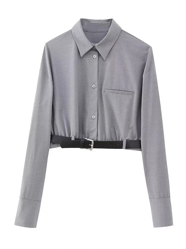 

Stylish Gray cropped blouse with belt for women New Long sleeves turn down collar Shirt High street Spring summer INKEO 3T178