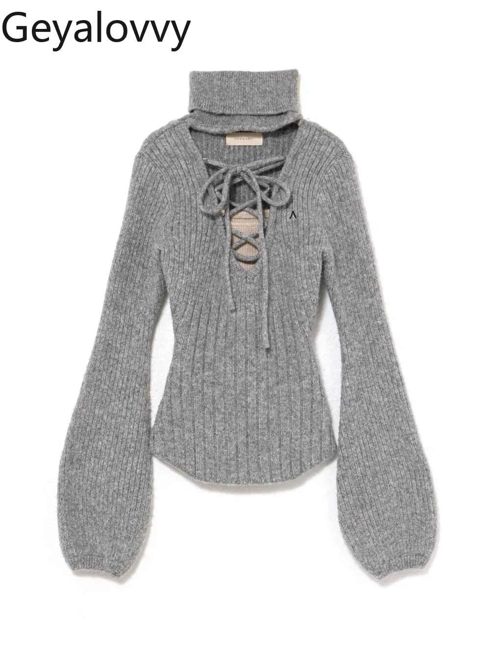 

Japanese Style Sweet Girl Versatile Lace-up High-neck Sweater Women's Autumn Winter Hollow-out Lantern Sleeve Knitted Pullover