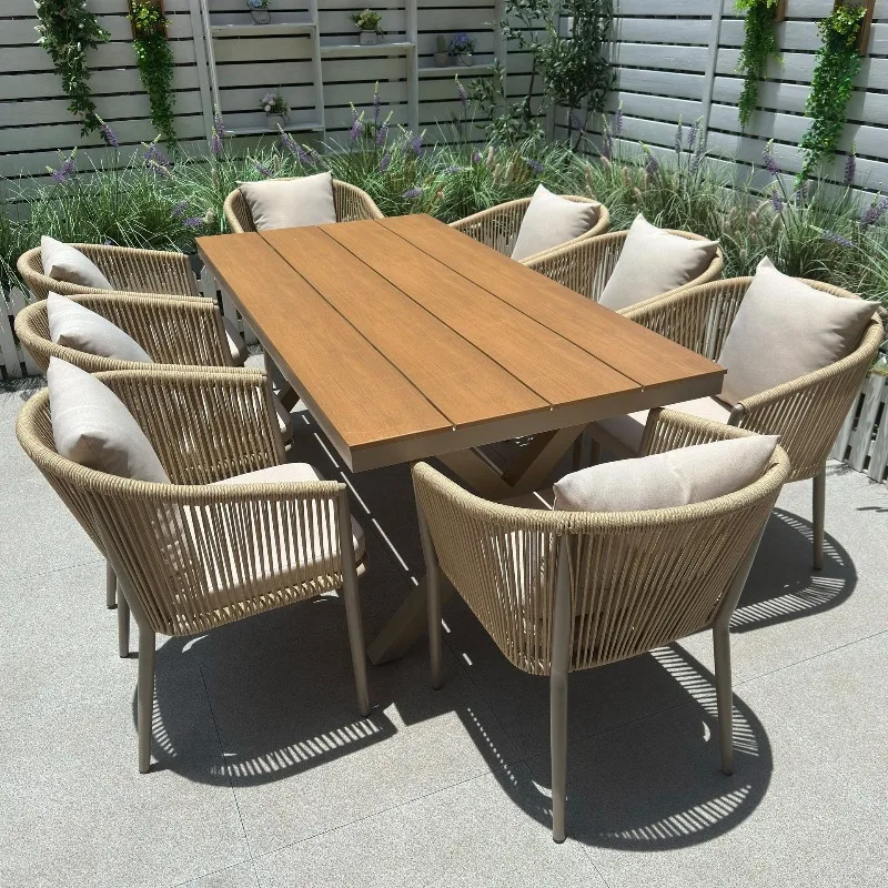 

Скандинавский комплект уличной мебели: стол и стулья для двора, плетеные кресла из ротанга для отдыха на открытом воздухе, для виллы, сада, террасы, открытой веранды.