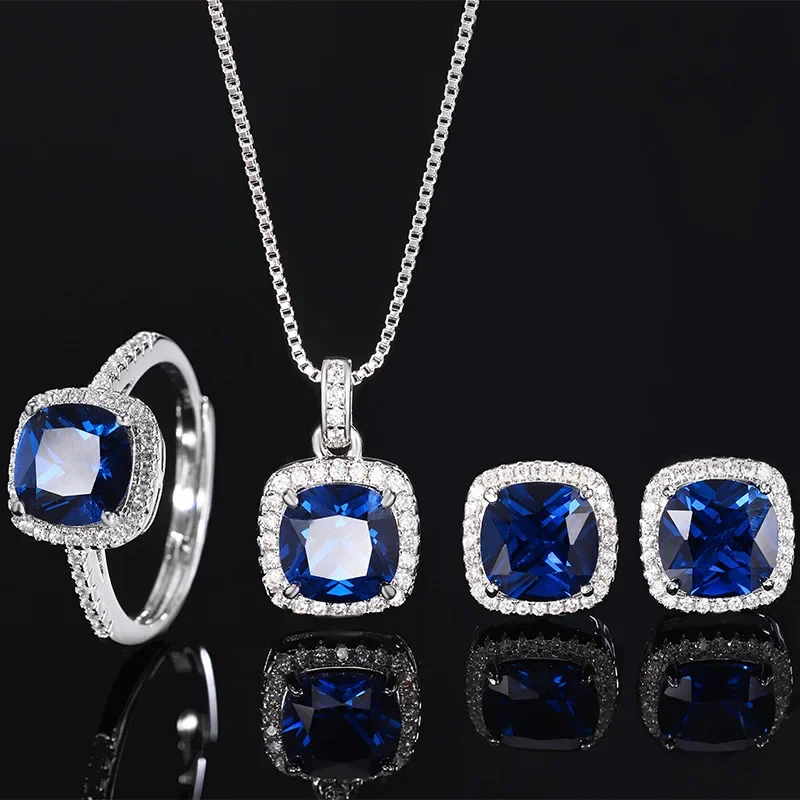 New jewelry S925 silver plated 18K gold inlaid with retro blue spindle fat cube set cultured gemstones for women 8*8 jewelry